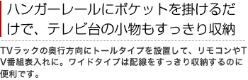 ハンガーレールにポケットを掛けるだけで、テレビ台の小物もすっきり収納
TVラックの奥行方向にトールタイプを設置して、リモコンやTV番組表入れに。ワイドタイプは配線をすっきり収納するのに便利です。