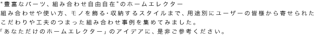 “豊富なパーツ、組み合わせ自由自在”のホームエレクター　組み合わせや使い方、モノを飾る・収納するスタイルまで、用途別にユーザーの皆様から寄せられたこだわりや工夫のつまった組み合わせ事例を集めてみました。「あなただけのホームエレクター」のアイデアに、是非ご参考ください。