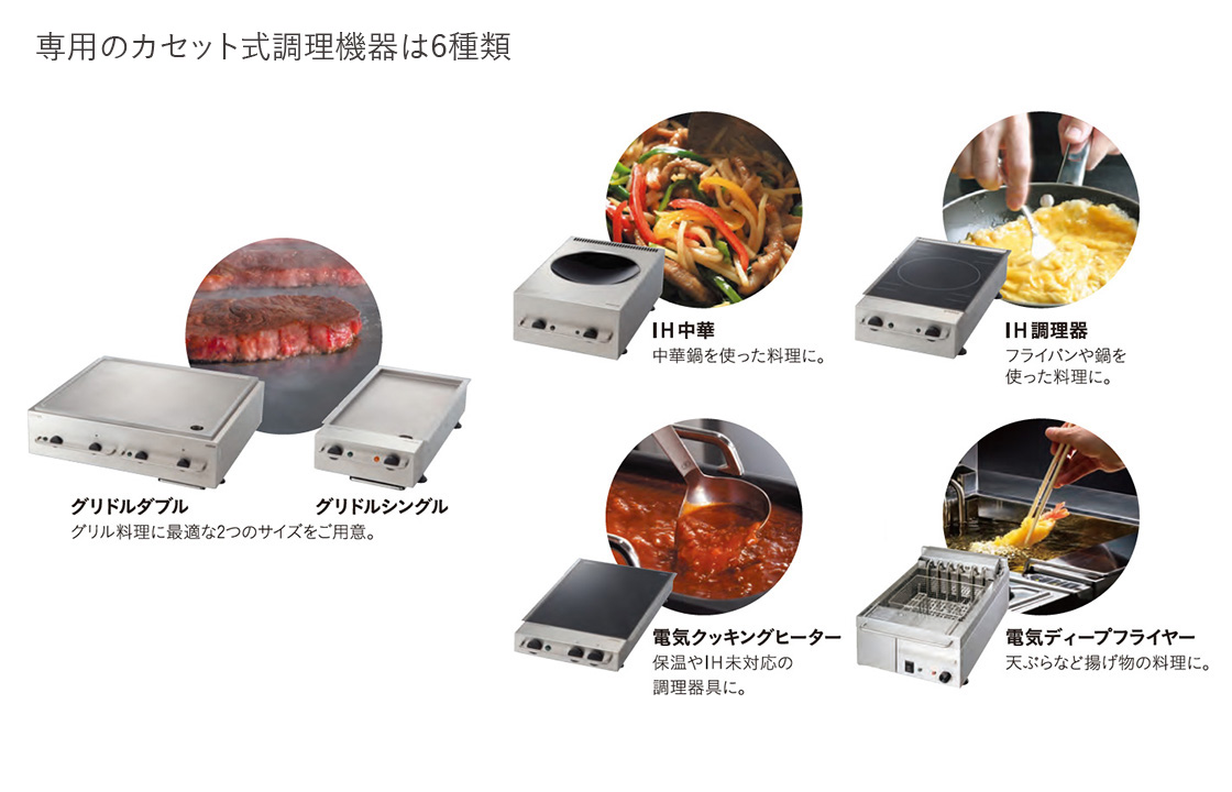 専用のカセット式調理機器は6種類