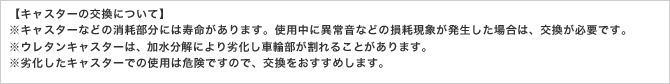 【キャスターの交換について】
※キャスターなどの消耗部分には寿命があります。使用中に異常音などの損耗現象が発生した場合は、交換が必要です。
※ウレタンキャスターは、加水分解により劣化し車輪部が割れることがあります。
※劣化したキャスターでの使用は危険ですので、交換をおすすめします。