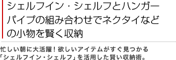 シェルフイン・シェルフとハンガーパイプの組み合わせでネクタイなどの小物を賢く収納
忙しい朝に大活躍！欲しいアイテムがすぐ見つかる「シェルフイン・シェルフ」を活用した賢い収納術。