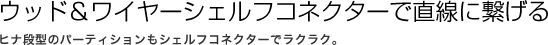 ウッド＆ワイヤーシェルフコネクターで直線に繋げる
ヒナ段型のパーティションもシェルフコネクターでラクラク。