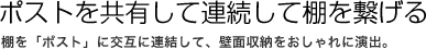 ポストを共有して連続して棚を繋げる
棚を「ポスト」に交互に連結して、壁面収納をおしゃれに演出。