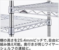 棚の高さを25.4mmピッチで、自由に組み換え可能。奥行きが同じワイヤーシェルフの連結に。