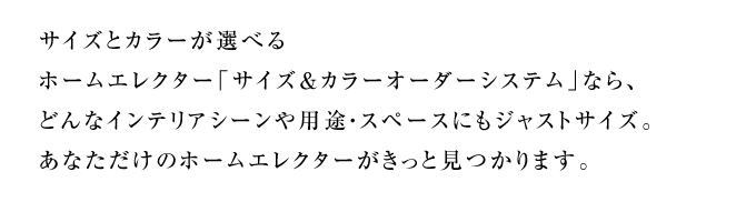 サイズとカラーが選べるホームエレクター「サイズ＆カラーオーダーシステム」なら、どんなインテリアシーンや用途・スペースにもジャストサイズ。
			あなただけのホームエレクターがきっと見つかります。